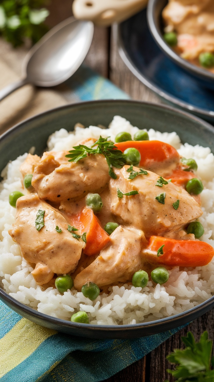 Creamy Chicken a la King served over rice with peas and carrots in a rustic setting.